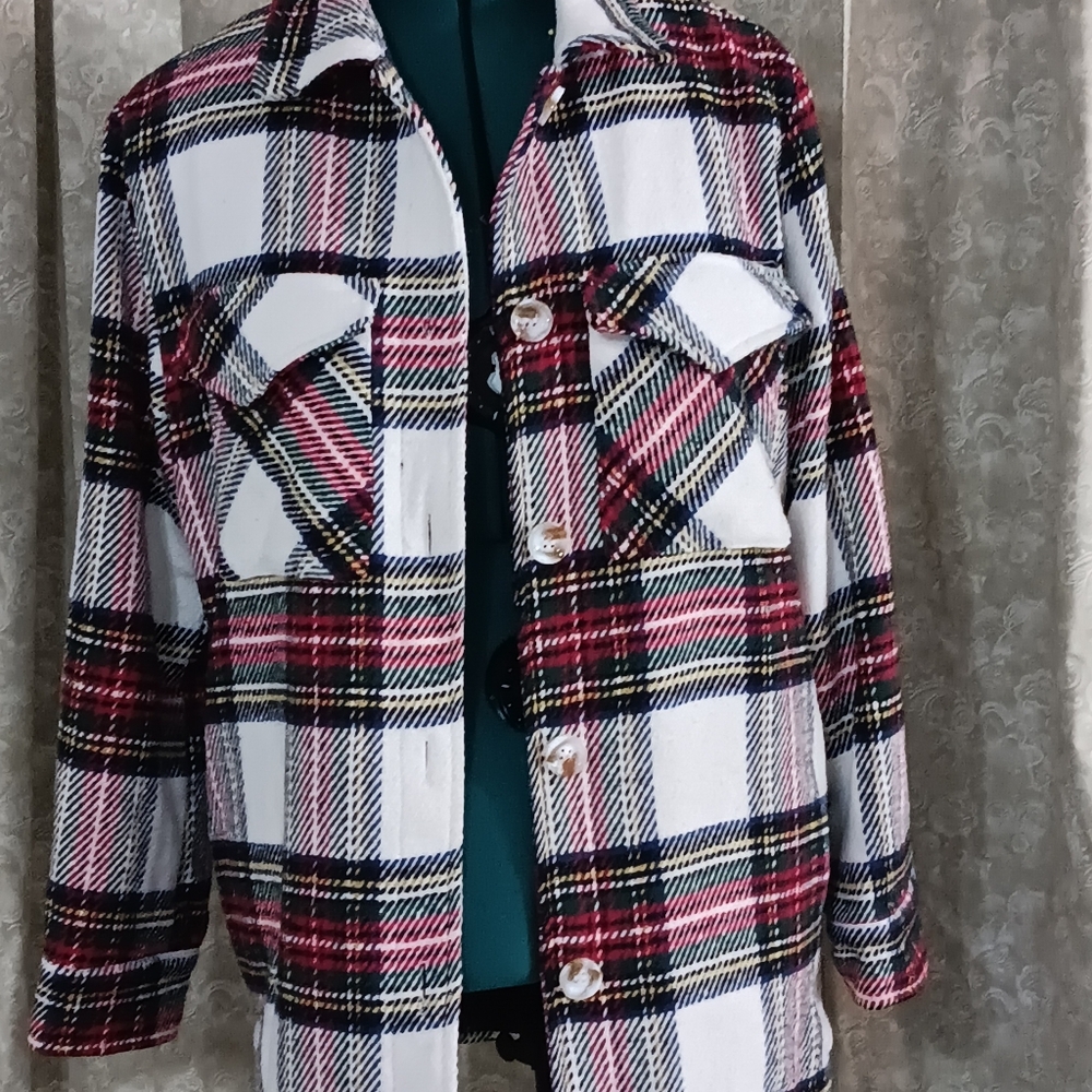 Ellison Plaid Women's Oversized Shacket - Red and White Large With Shirttail Hem